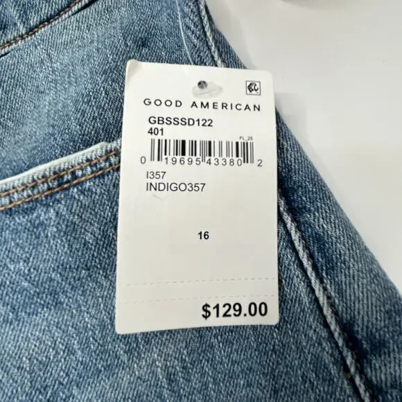 Good American Bombshell Rhinestone Fringe Cutoff Jean Shorts Blue Women 16 NWT - Picture 6 of 12